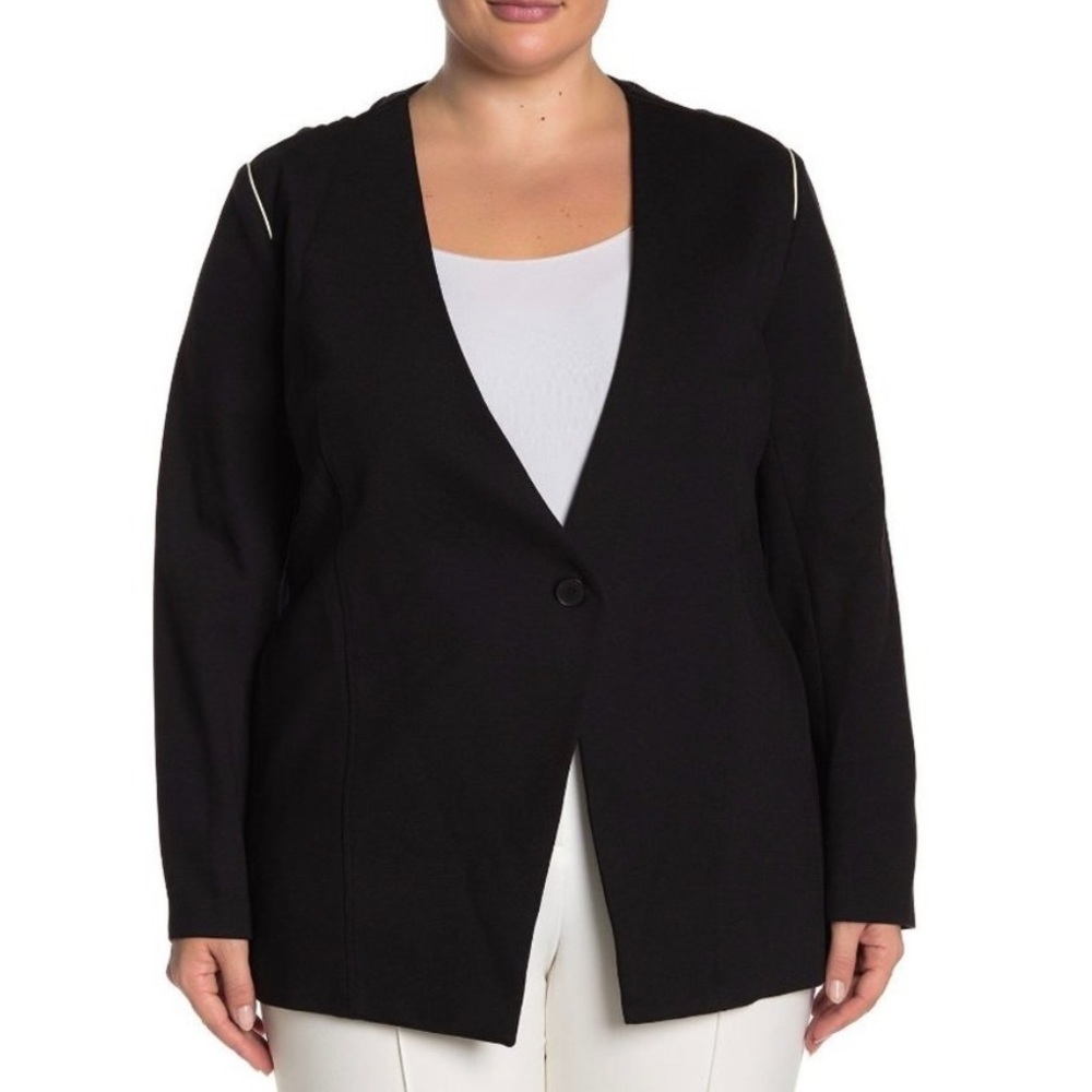Amanda & Chelsea Black One Button White Piped Ponte Knit Blazer Jacket